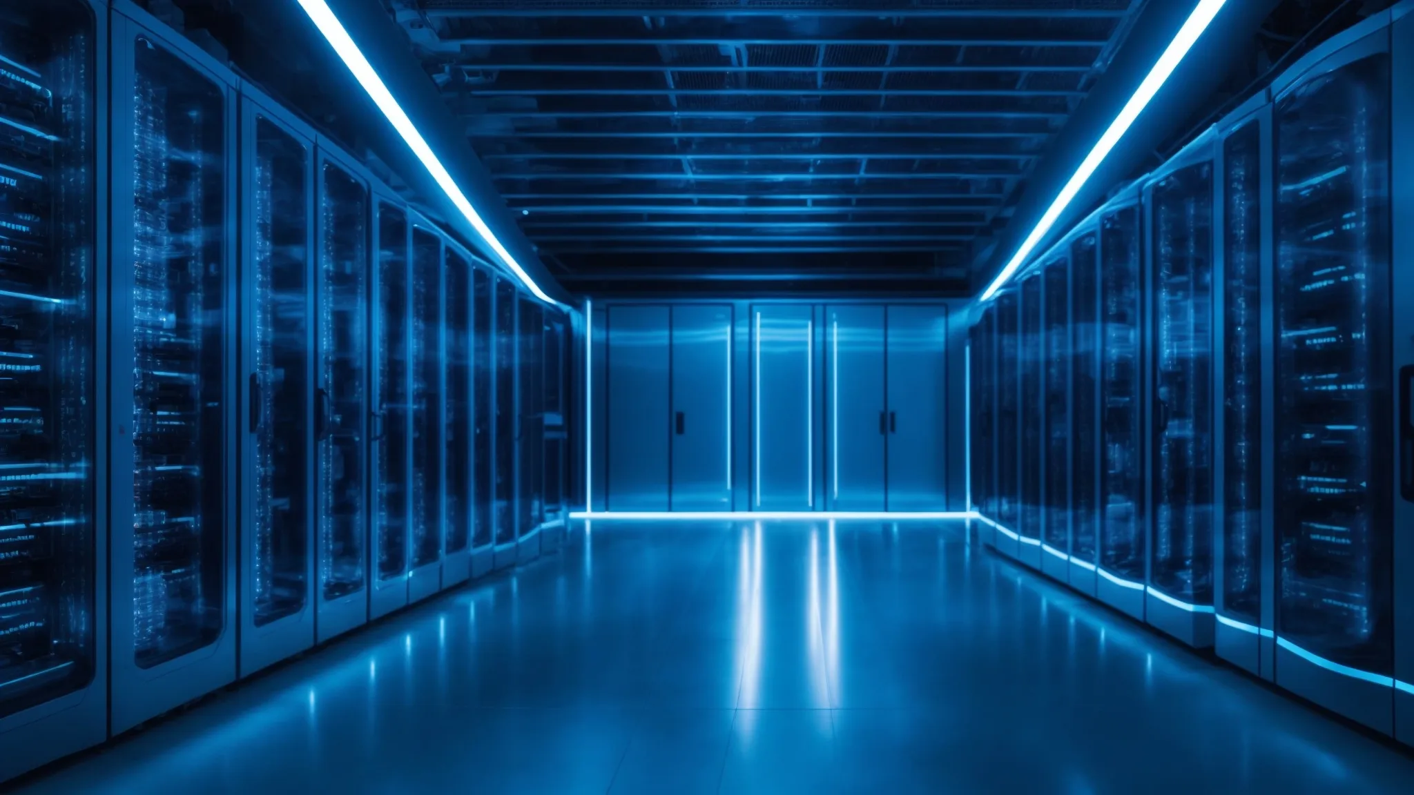 a sleek, futuristic data center with rows of illuminated server racks under a soft blue light.