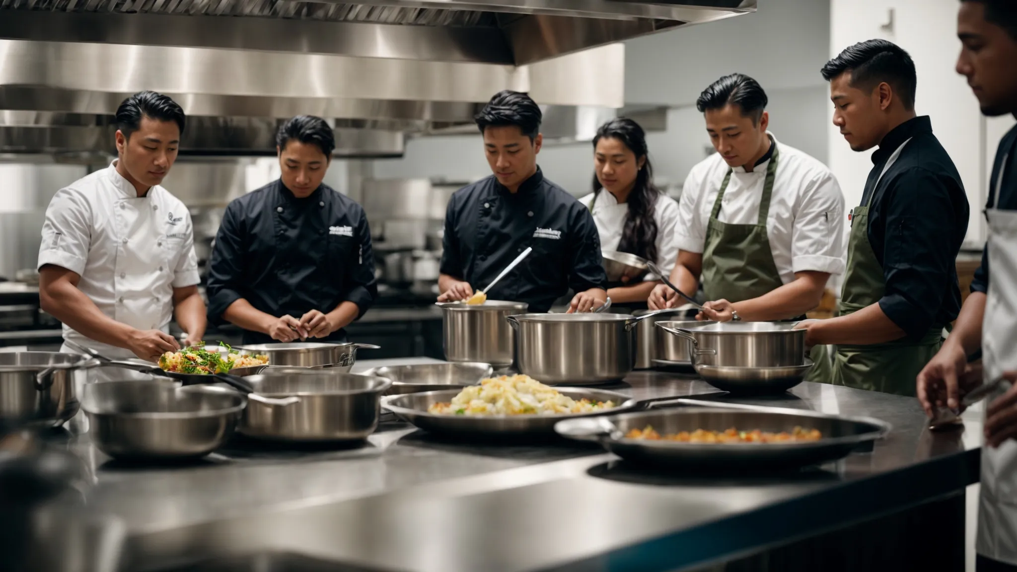 a chef instructor demonstrates cooking techniques to a group of attentive students in a professional kitchen setting.