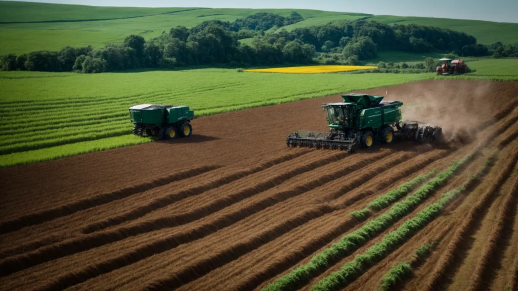 a panoramic view of vast, lush green farmlands under the clear, blue sky, dotted with modern agricultural machinery efficiently working the soil.