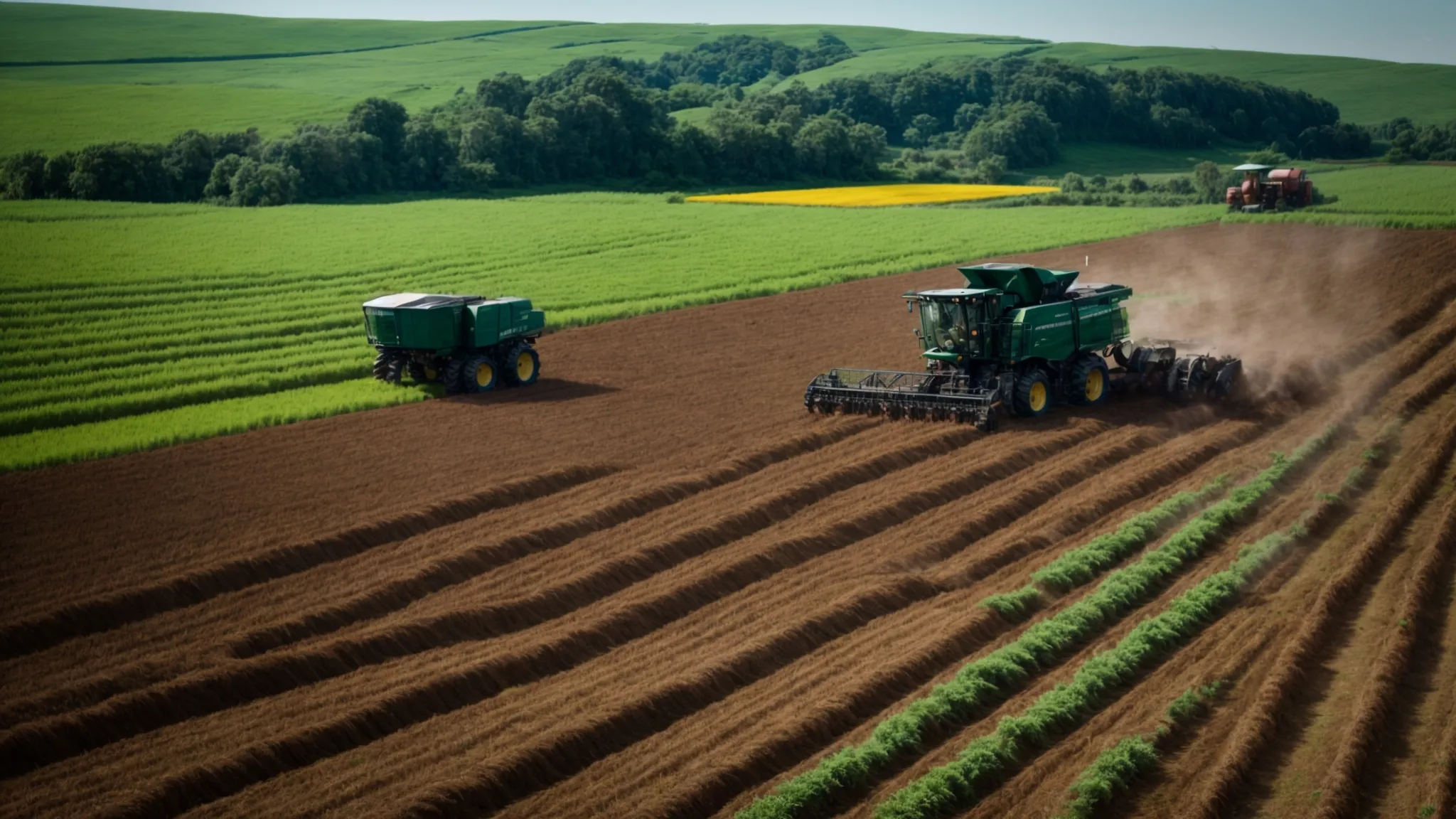 a panoramic view of vast, lush green farmlands under the clear, blue sky, dotted with modern agricultural machinery efficiently working the soil.