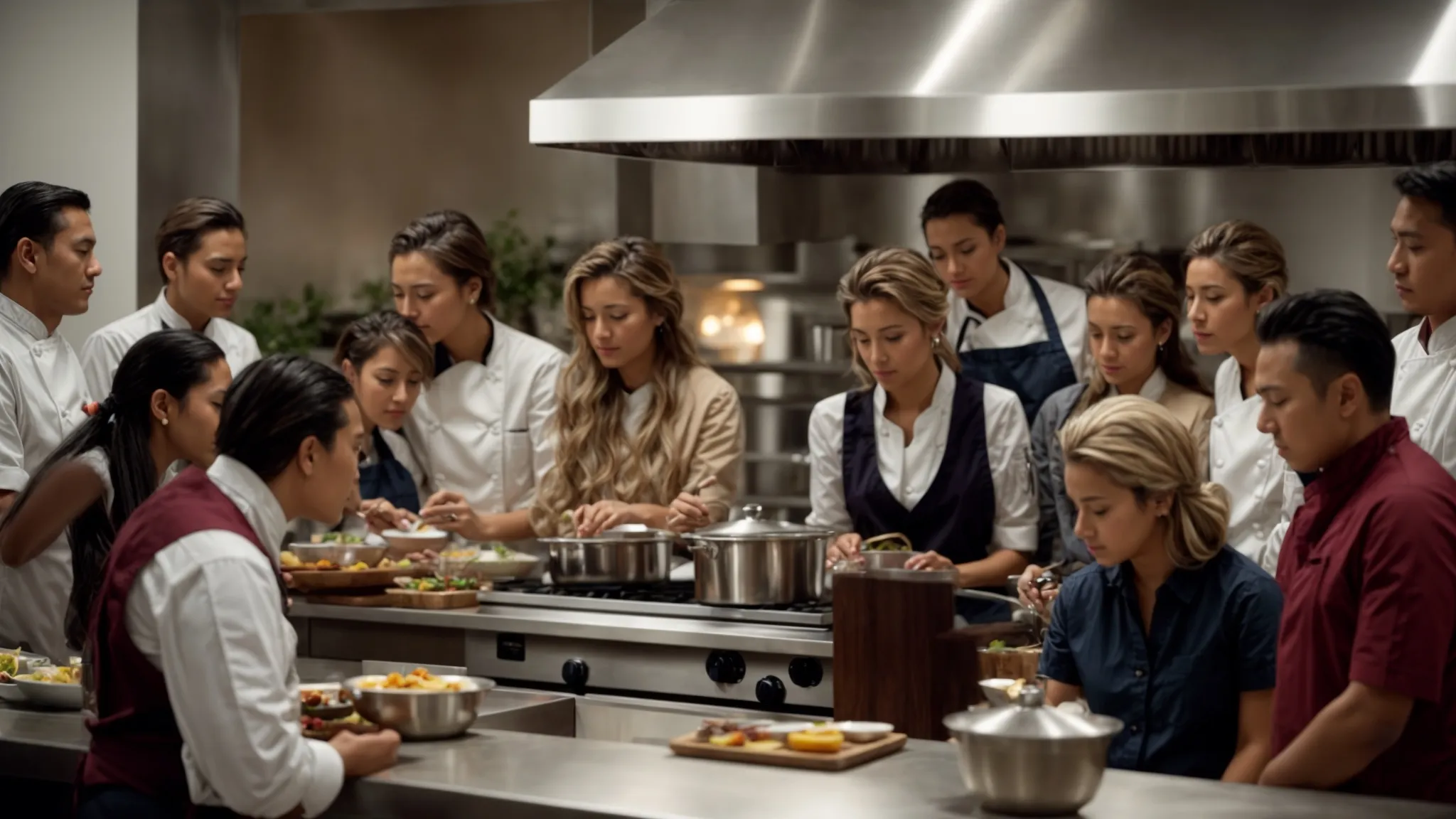 a group of people gather around a kitchen island, watching intently as a chef demonstrates cooking techniques.