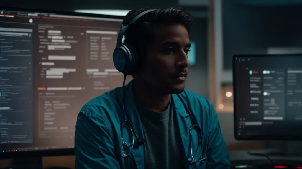 a doctor wearing a headset converses with an ai interface on a computer screen, displaying a patient's medical records.