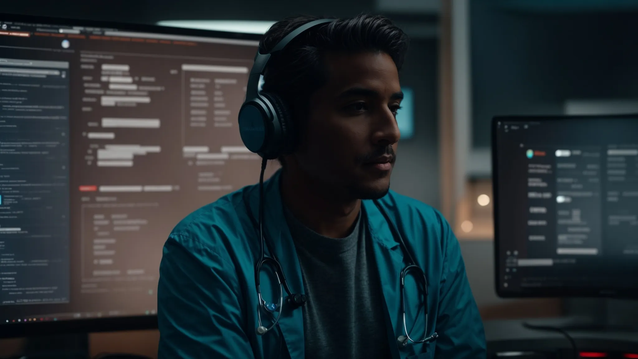 a doctor wearing a headset converses with an ai interface on a computer screen, displaying a patient's medical records.
