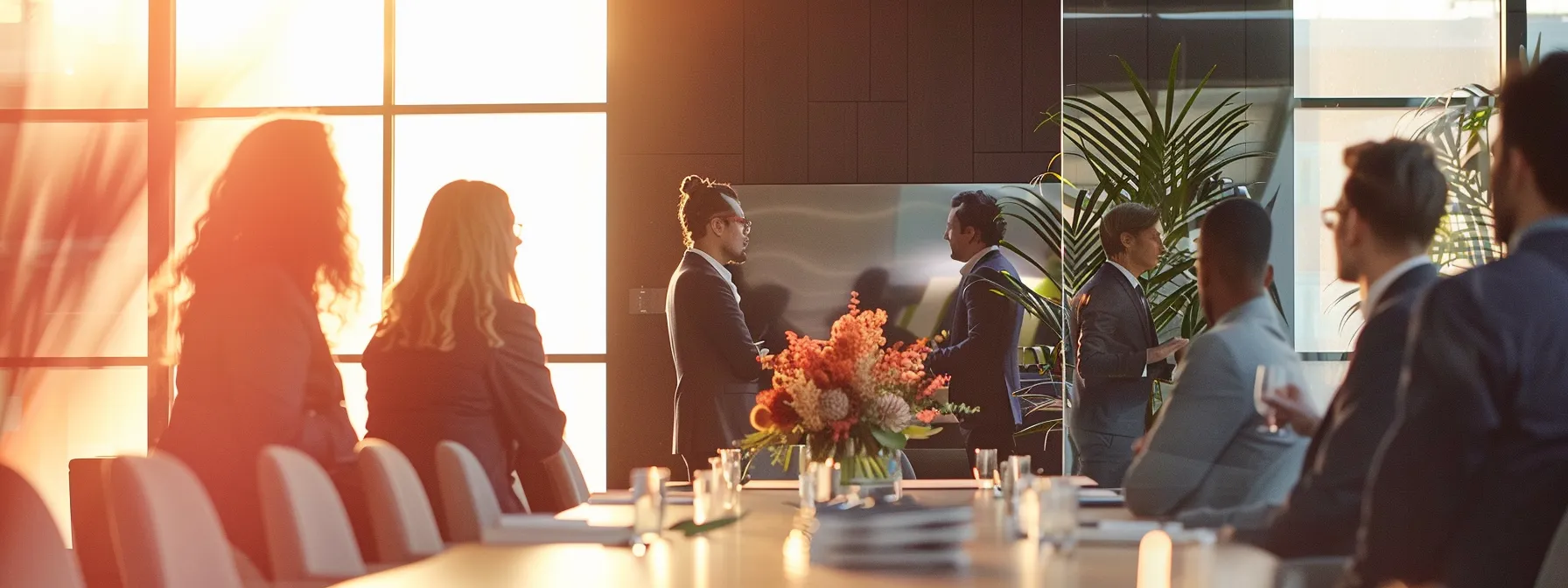 business professionals in a stylish conference room discussing the benefits of using faux flowers as statement pieces in interior decor.