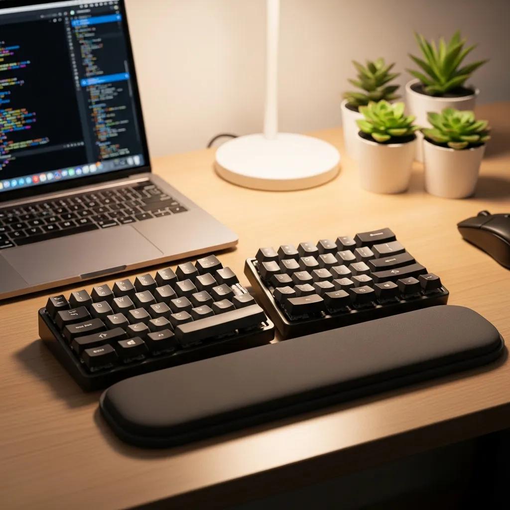 Ergonomic mechanical keyboard with split design and wrist support for programmers