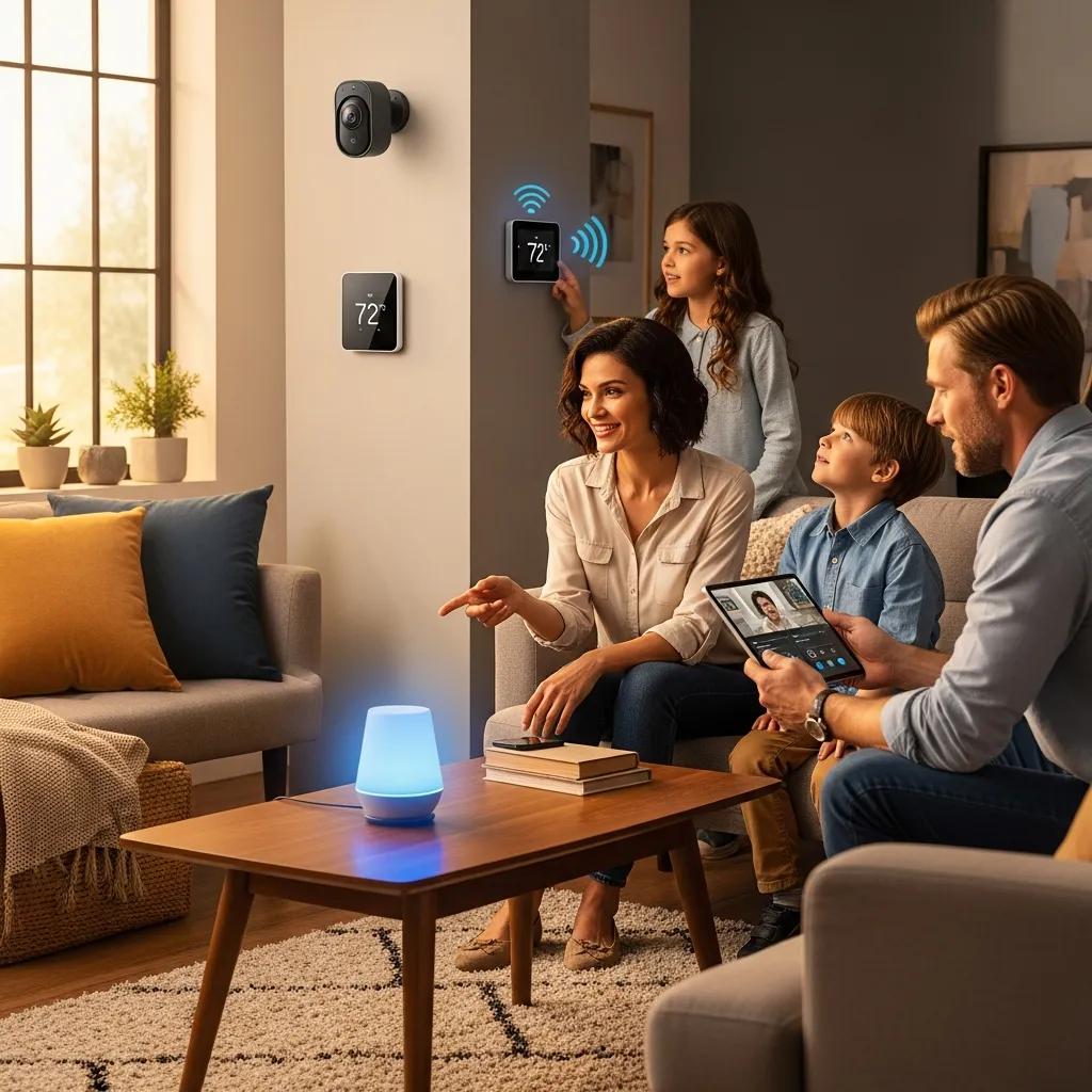 Family interacting with smart home devices like security cameras and voice-activated assistants in a modern living room