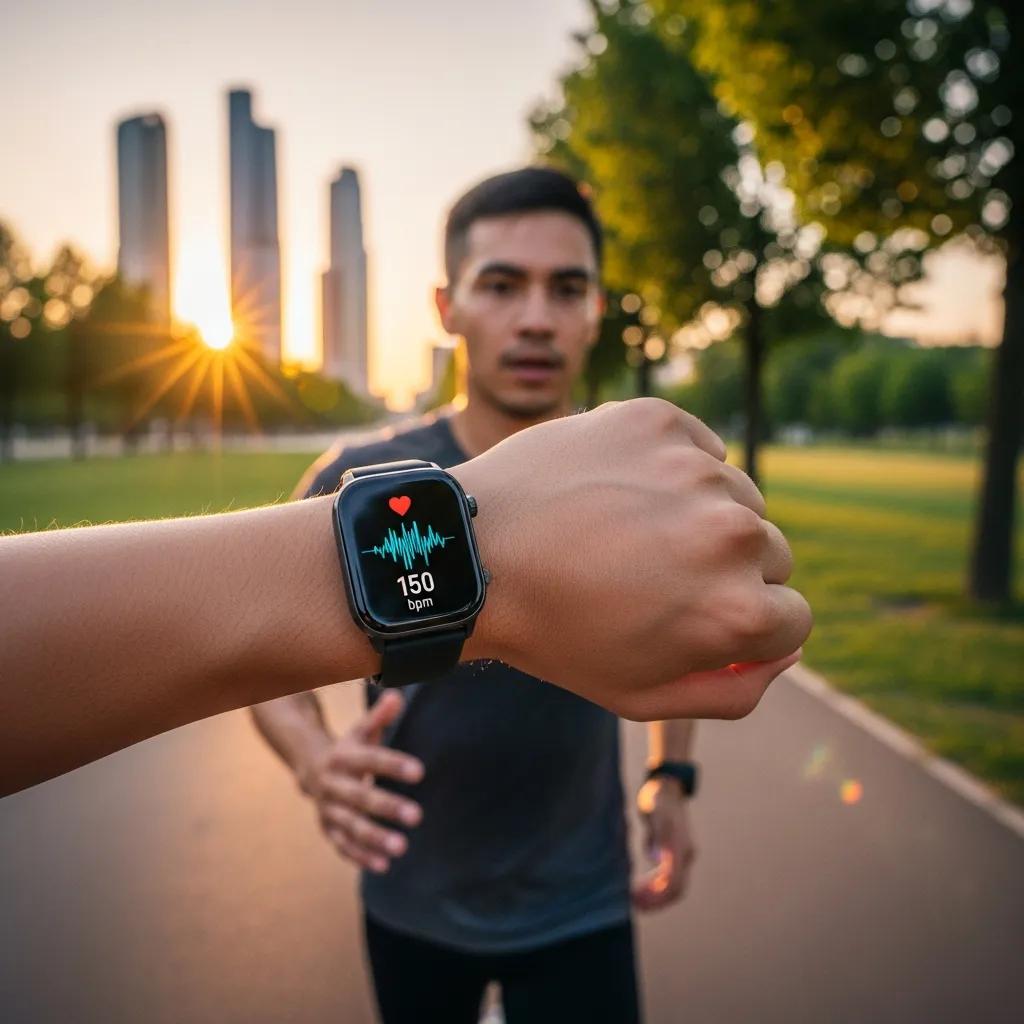 Person using a smartwatch while exercising outdoors in a scenic park