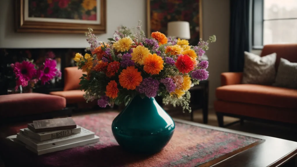 a vase full of vibrant fake flowers sits in the middle of a stylishly decorated living room, adding a pop of color.